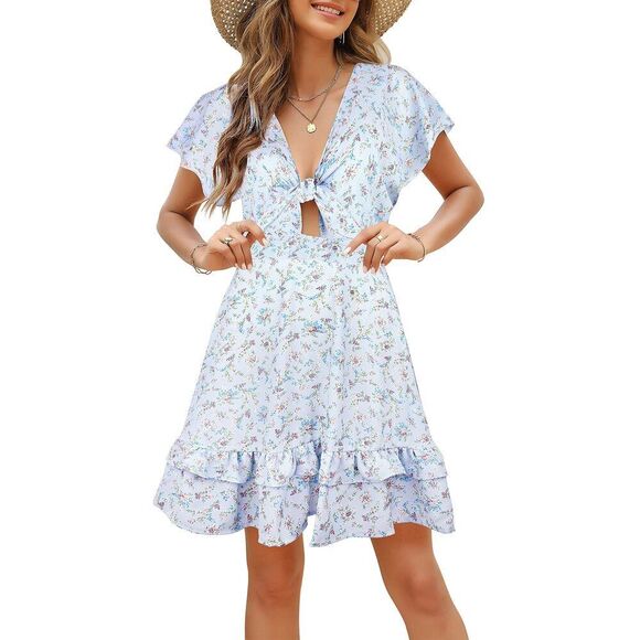 Fancyinn Womens Floral Prints Tie Front Mini Dress Short Sleeves Plunging Neck - Picture 1 of 15